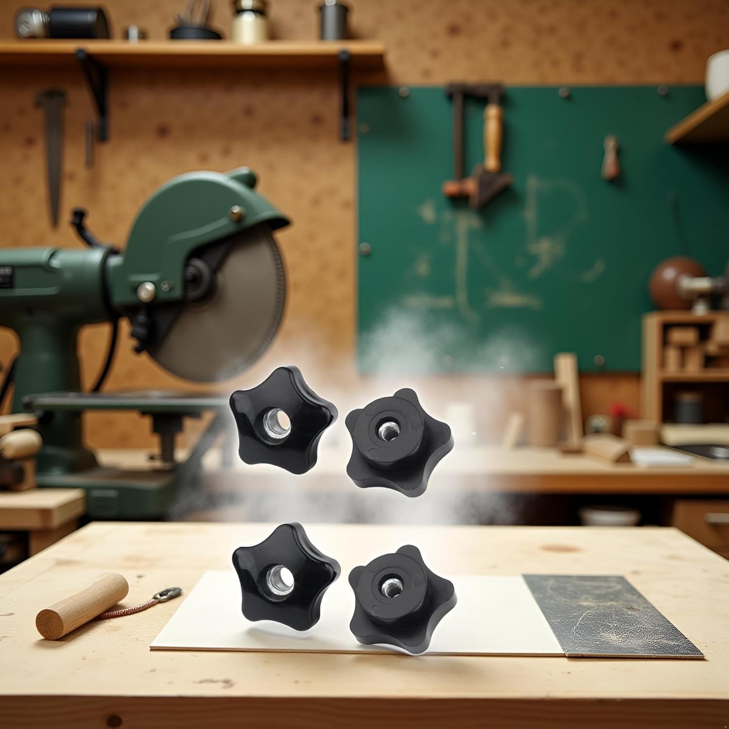 BWESOO 4Pcs Black Star T-Track Knobs, 3/8 Inch 16 Through-Hole, For Sawing, Drilling & Lathe Machines, Cabinet Hardware
