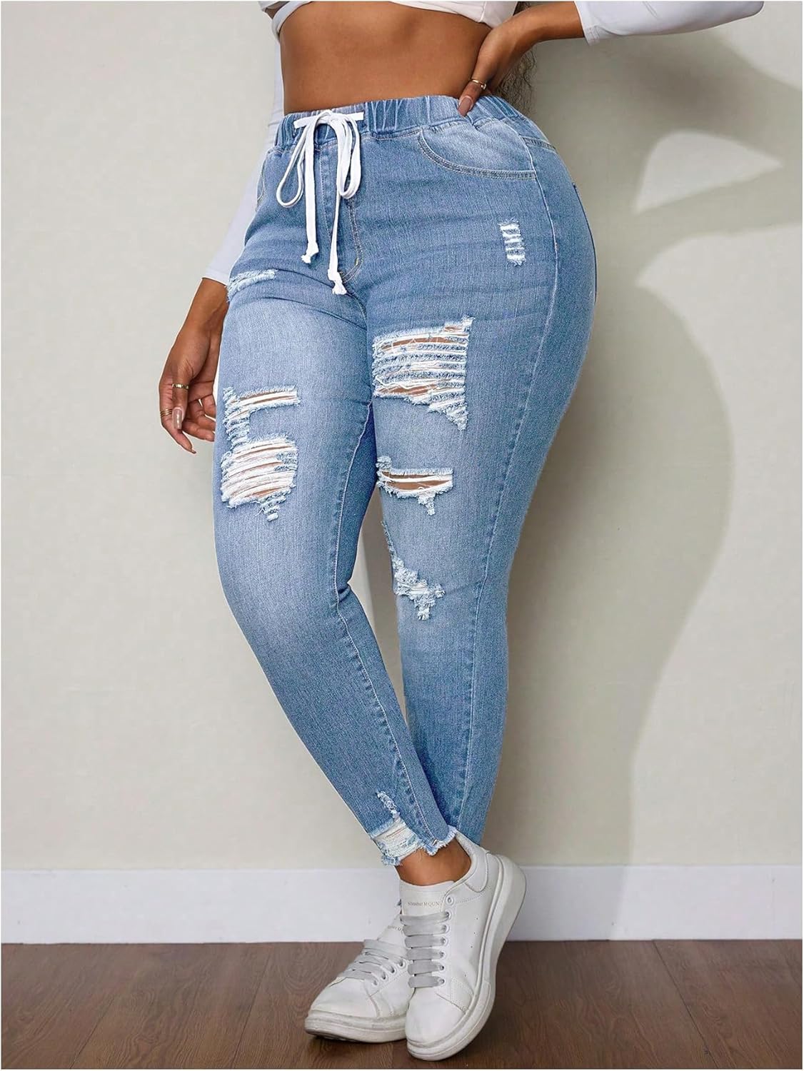 WDIRARA Women's Plus Size Drawstring Waist Ripped Jeans Stretch Skinny Denim Pants - Image 2