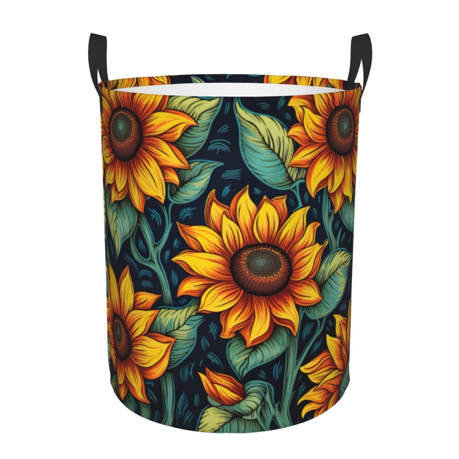 M Collapsible Laundry Hamper Round Spring Sunflowers Retro Flowers Print Storage