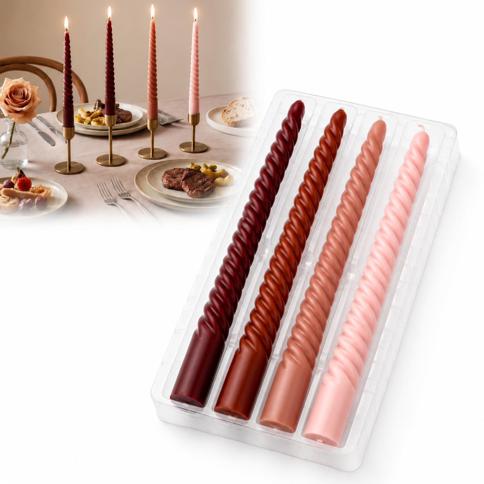 Morandi Gradient Brown Spiral Taper Candles for Romantic Dining and Home Decor - Long Stem Drip-Resistant Pink Candle Sticks for Table Centrepieces, Wedding Anniversaries and Special Occasion Gifts