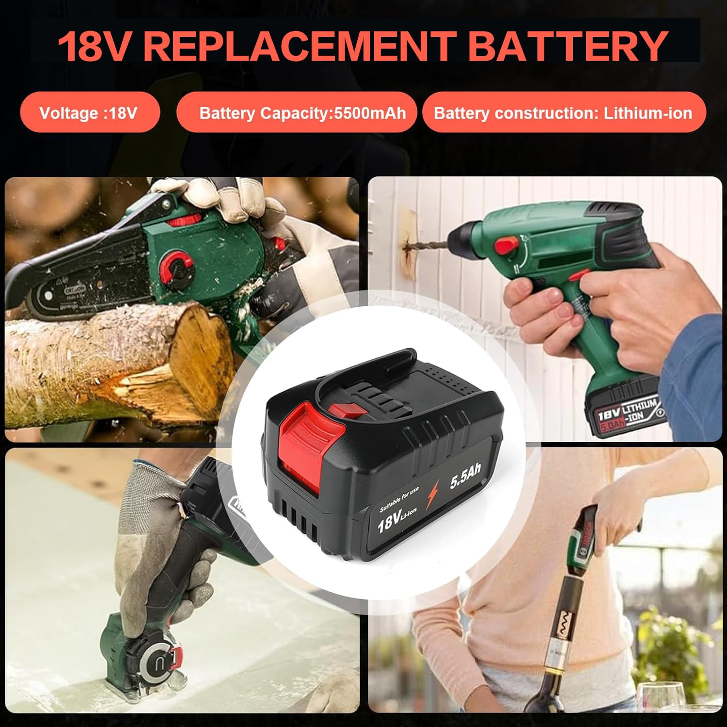 Lot de 2 batteries de rechange, 18 V, 5,5 Ah, pour outils Bosch Home and Garden - Compatible avec les appareils à batterie Bosch PBA, PSB, PSR, Gloria - Haute capacité - Rechargeable (18 V 5,5 A)