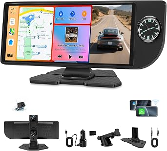 10.26" Wireless CarPlay Screen for Car, Portable Apple Car Play & Android Auto HD Touchscreen with 4K Dash Cam/1080P Backup Camera/GPS Navigation/Mirror Link/FM/Voice Control for All Vehicles
