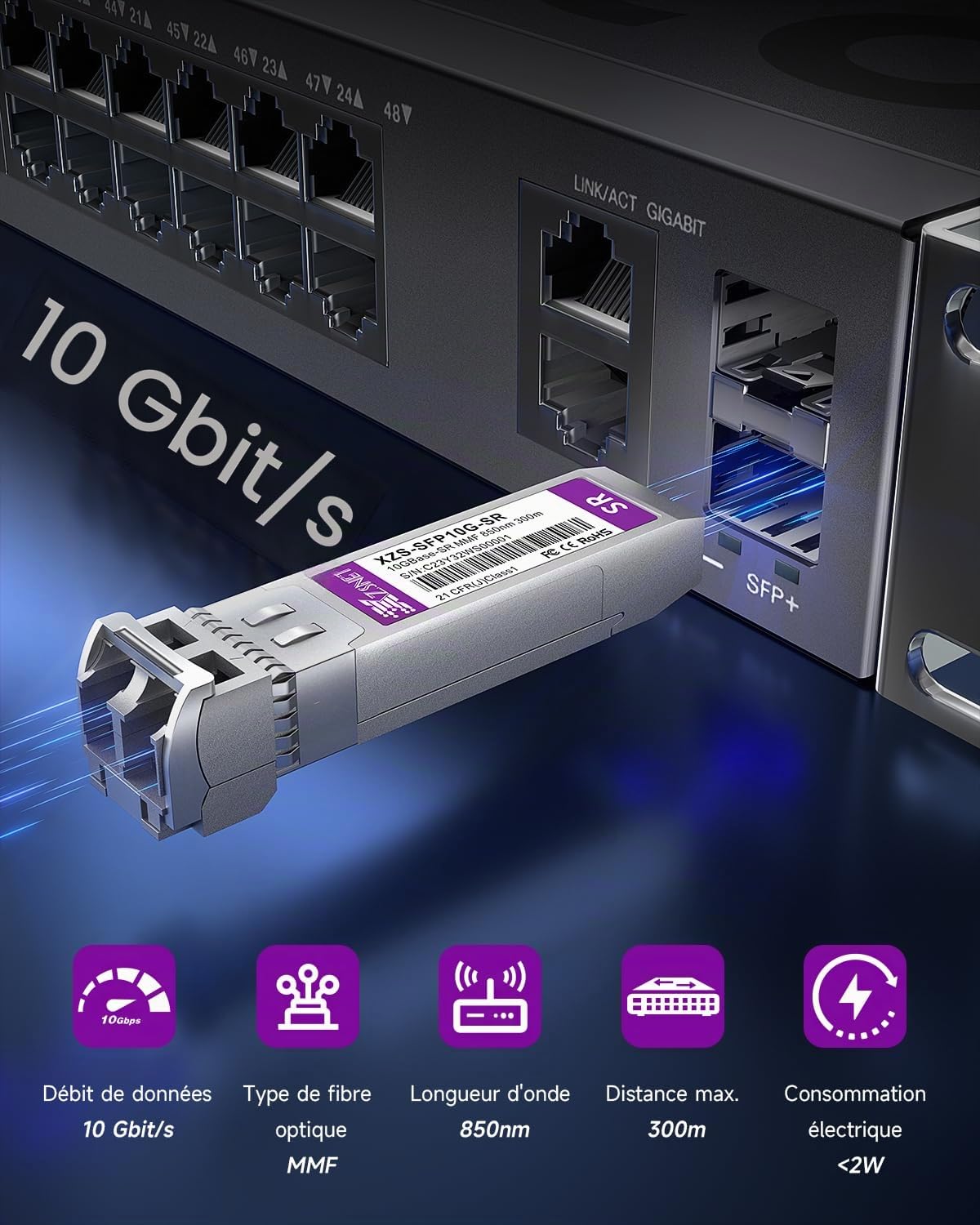 Module SFP+ 10Gb vers LC multimode, compatible avec Freebox Ultra/Delta, Cisco SFP-10G-SR, Ubiquiti UniFi UF-MM-10G, MikroTik S+85DLC03D et autres, transceiver 10GBASE-SR, lot de 2 pièces