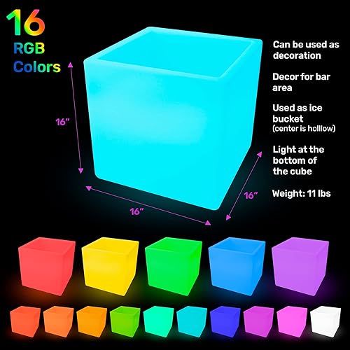 Miniatura 5 de Hullaballoo Cubo de luz decorativa recargable LED de 16 pulgadas, impermeable, regulable, cambio de color RGB ajustable con control remoto para