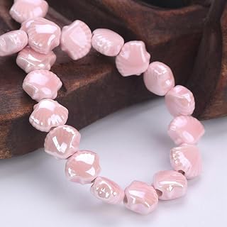 10 Cuentas Sueltas de Porcelana cerámica esmaltada Brillante Hechas a Mano de 11 x 9 mm con Forma de festón, Color Rosa