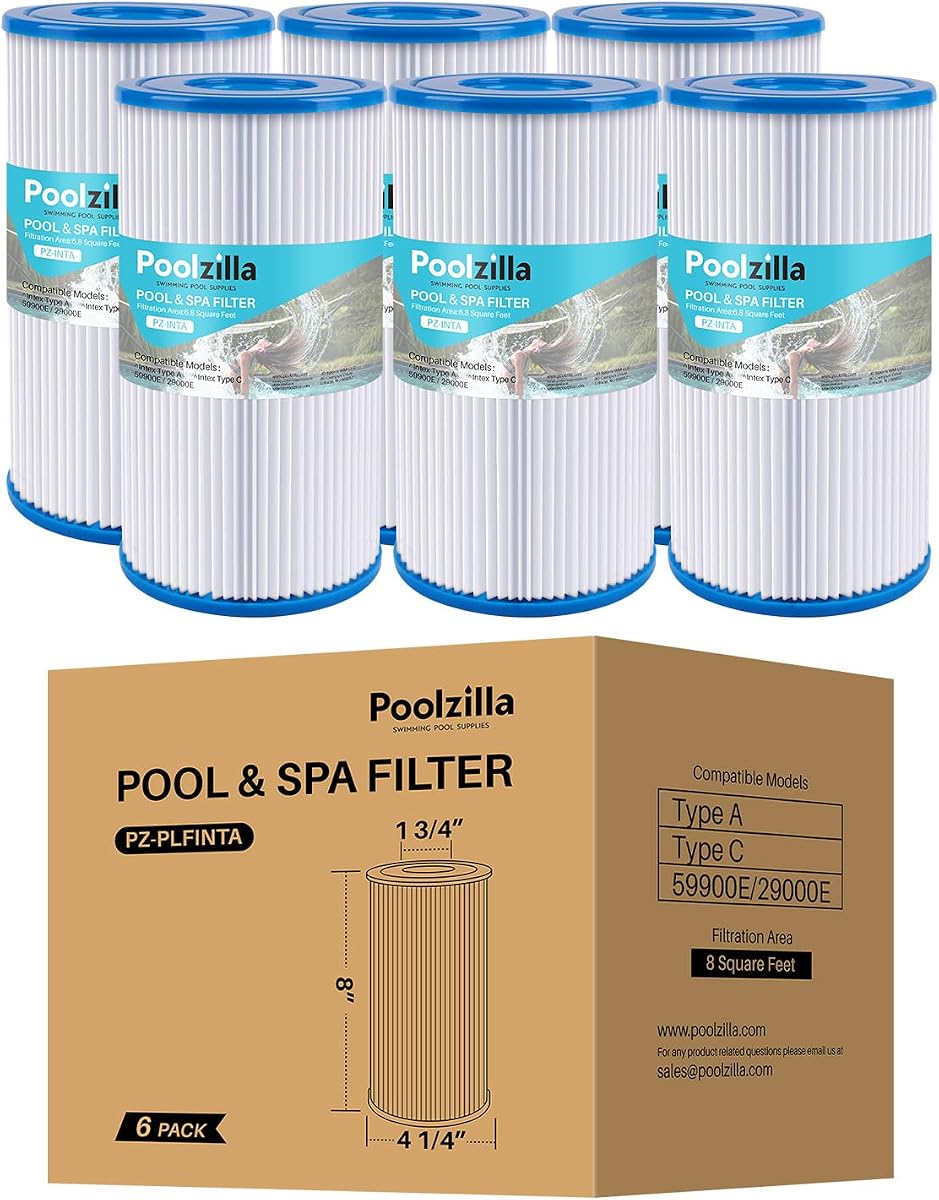 [Paquete de 6 cartuchos de filtro de piscina para tipo A o C, compatible con Intex 29000E/59900E, filtros de piscina de fácil ajuste, escapes de verano o piscinas de olas de verano sobre el suelo [L x OD: 8" x 4.25'']