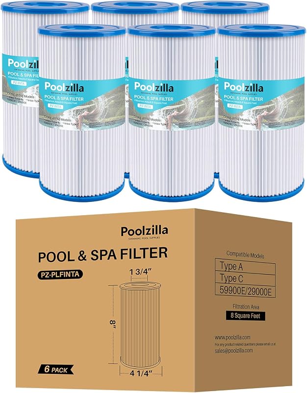 [6 Pack Pool Filter Cartridge for Type A or C, Compatible with Intex 29000E/59900E, Easy Set Pool Filters, Summer Escapes or Summer Waves Above Ground Pools [L x OD: 8" x 4.25'']