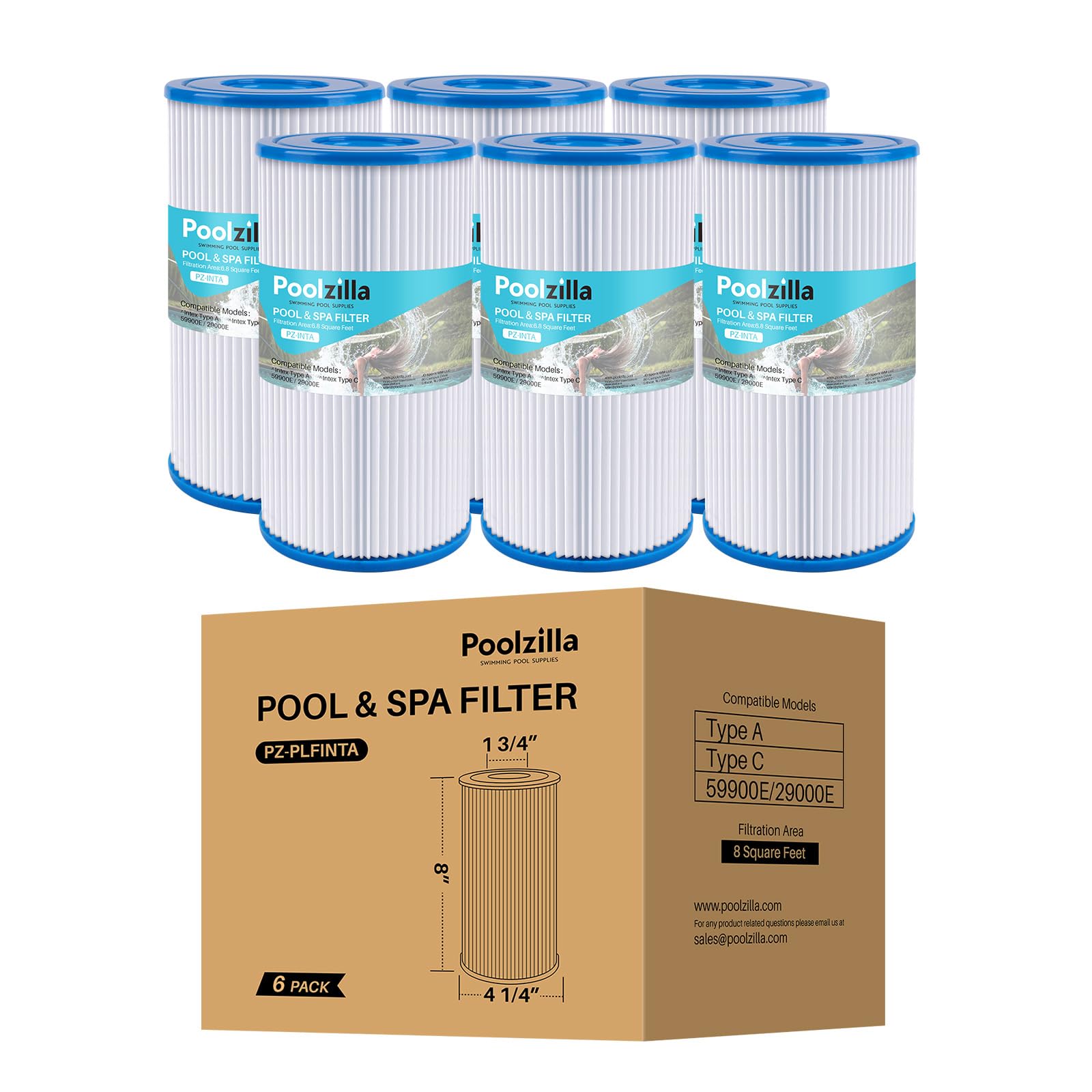 Poolzilla 6-Pack Replacement Filter for Type A or C, Compatible with Intex 29000E/59900E, Easy Set Pool Filters, Summer Escapes or Summer Waves Above Ground Pools
