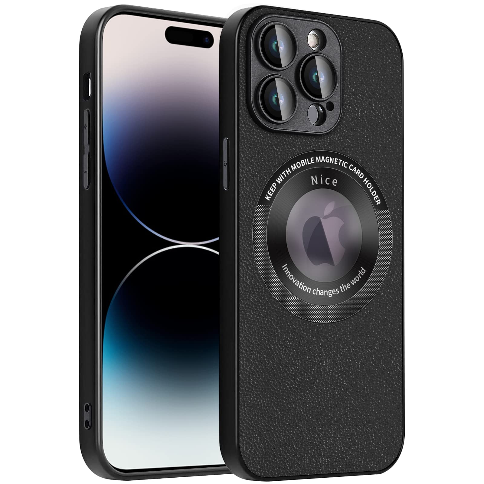 UCHUANG for iPhone 14 Pro Case, with Built-in Camera Lens Protector Phone Cover, Leather Slim Logo View Classic Luxury Elegant Thin Protective Cover for 14 Pro 6.1" (Black)