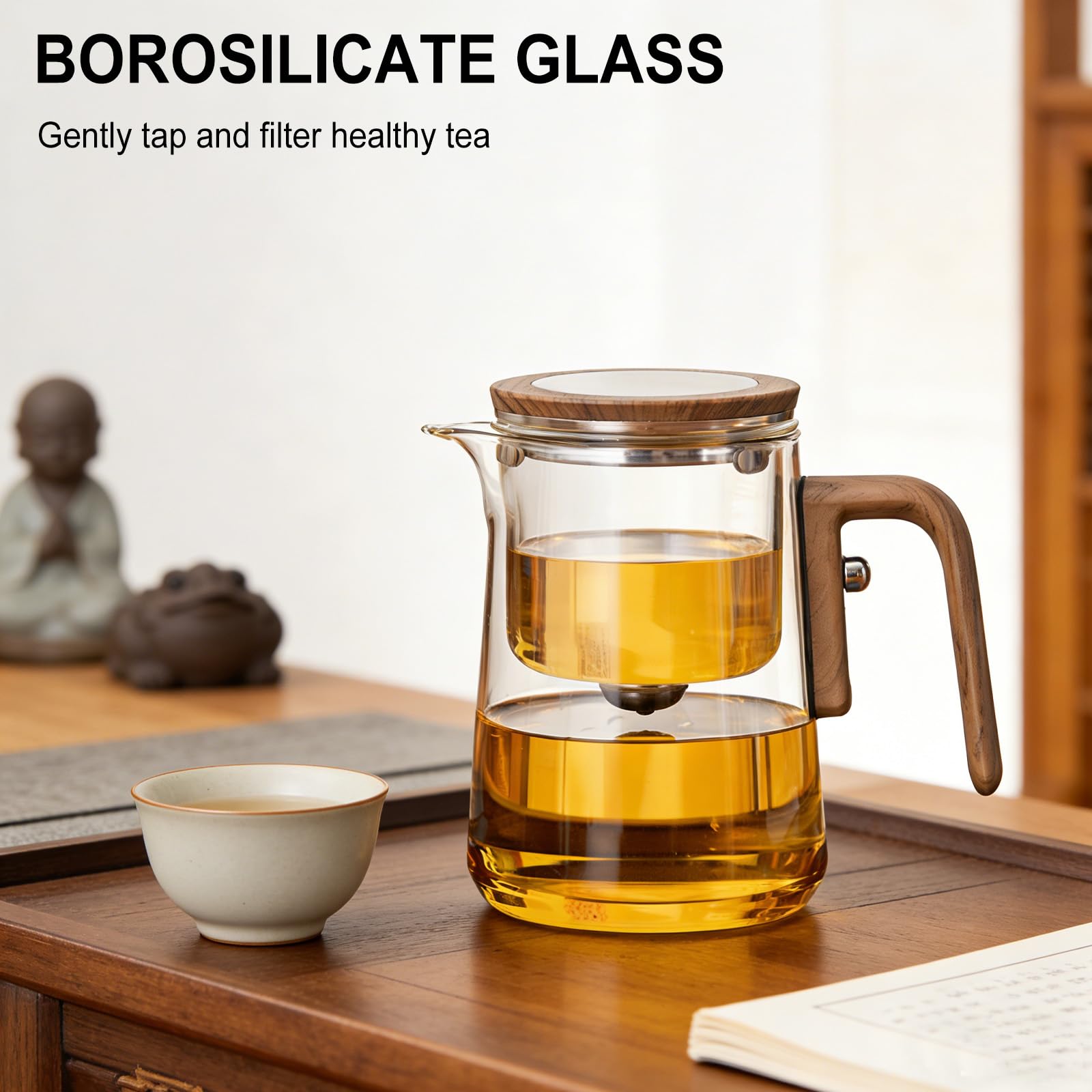 Théière Magique en Verre avec Séparation d'eau,Theiere en Verre Borosilicate avec Infuseur,théière pour Thé en Feuilles manche en bois de noyer,cadeaux pour les amateurs de thé (800, Millilitres)