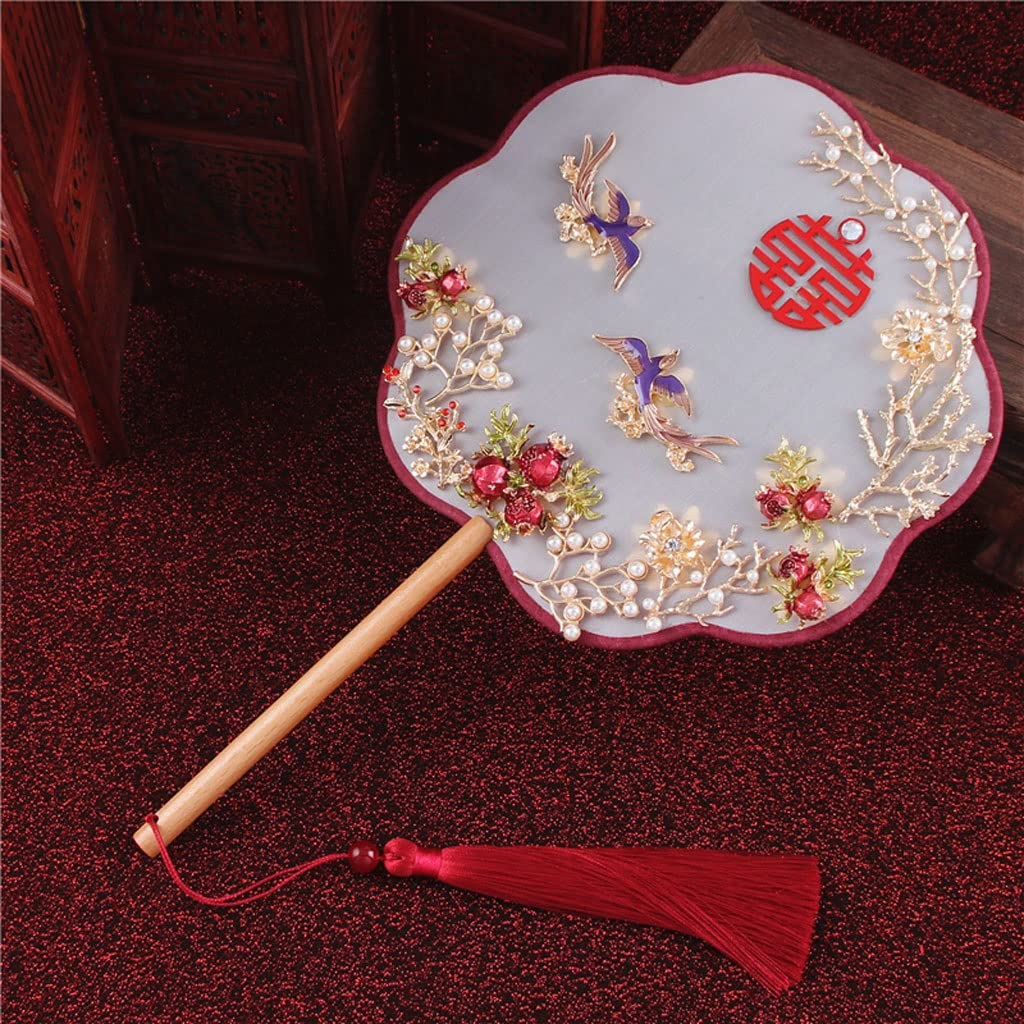 Chinese Style ROOd Round Wedding Bride Hand Silk Fans Wooden Eventail Portable Fan Home Table Decor (color : Wit)