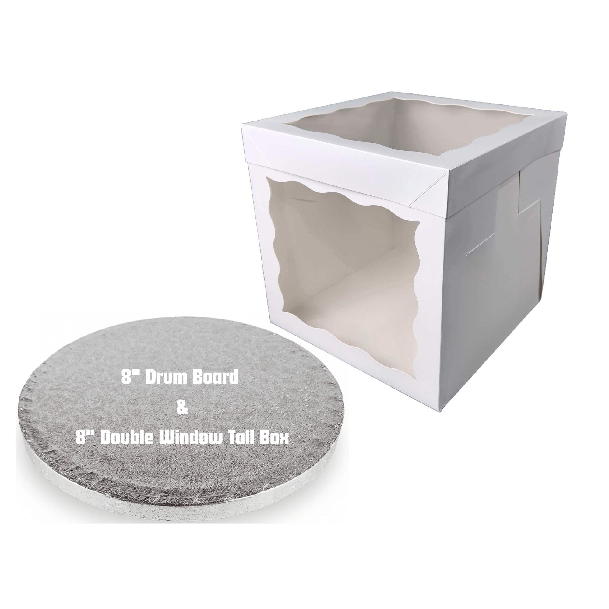 Art of cake ® Drum Cake Board (13mm) & 2 Sided Window Tall Cake Box (Silver, 8")