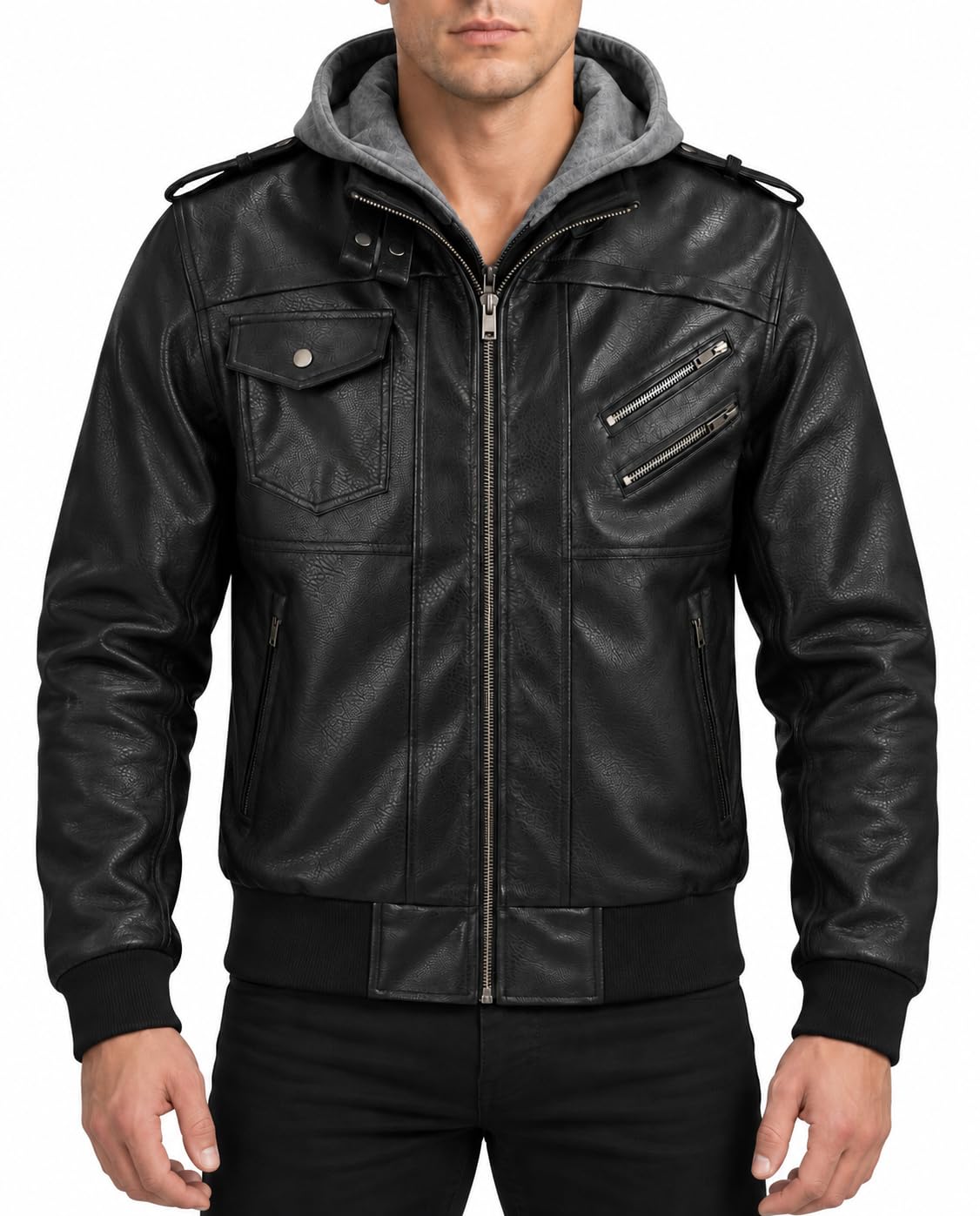 Motorcycle Leather Jacket for Men with Armor PU Removable Hood Windproof All Season Model JL2