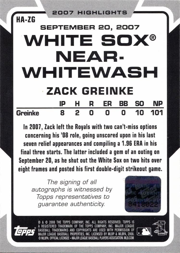2008 Topps Highlights #HA-ZG Zack Greinke Certified Autograph Baseball Card