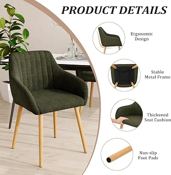 Dining Chairs Set of 2, Modern Kitchen Chairs with Backrest & Wooden Legs, Upholstered Armchairs for Living Room, Dining Room, Study, Green