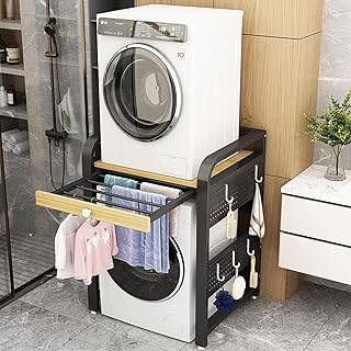 Portable Washer Dryer Stacking Rack with Hidden Drying Racks, Compact Laundry Shelf for Small Apartments, Side Hole Design, Black Frame & Walnut Laminate Finish