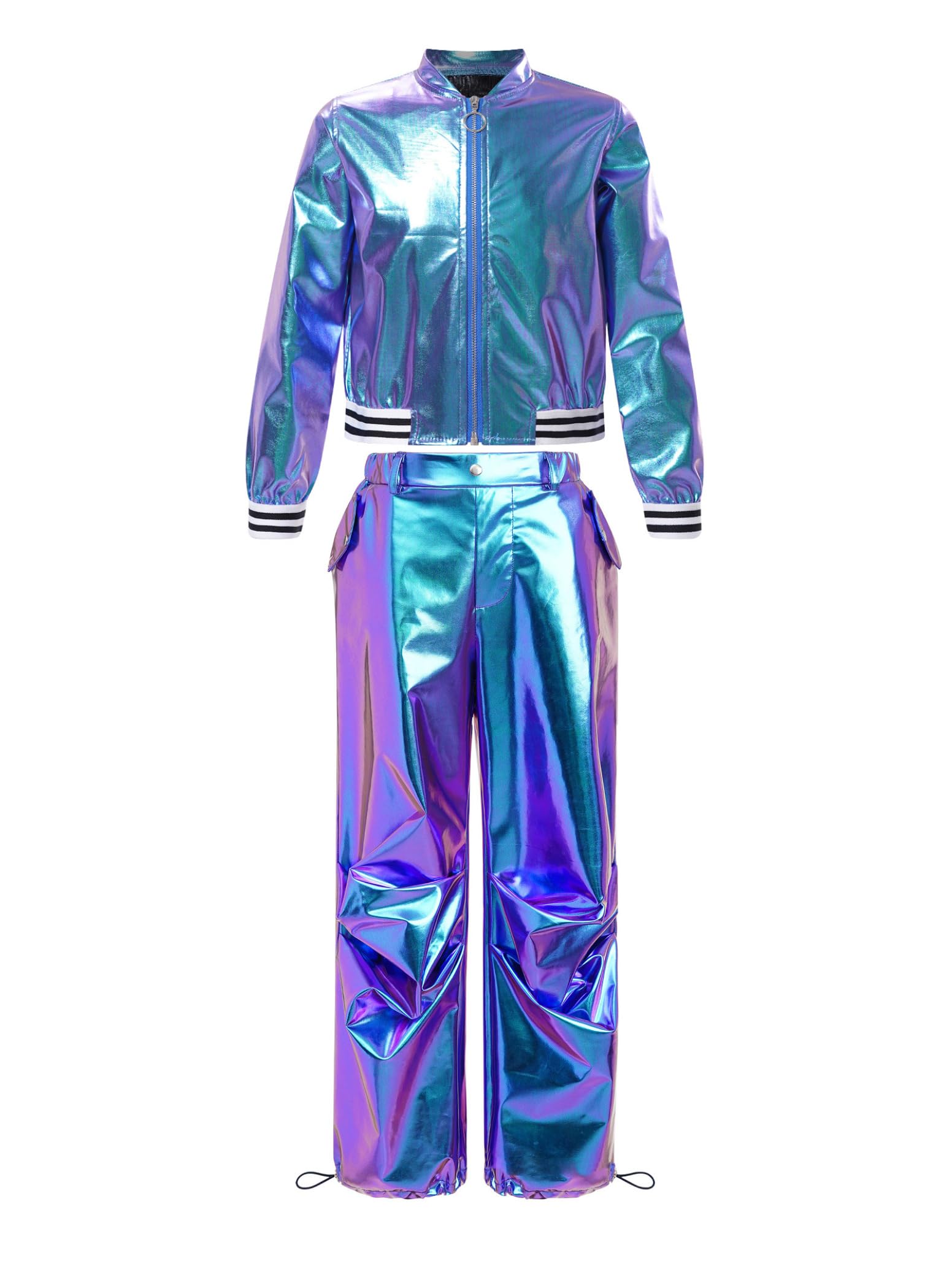 inlzdz Conjunto Brillante De Baile Moderno Jazz para Niñas Abrigo Metálico + Pantalones De Chándal Cintura Alta Ropa De Baile Años 90