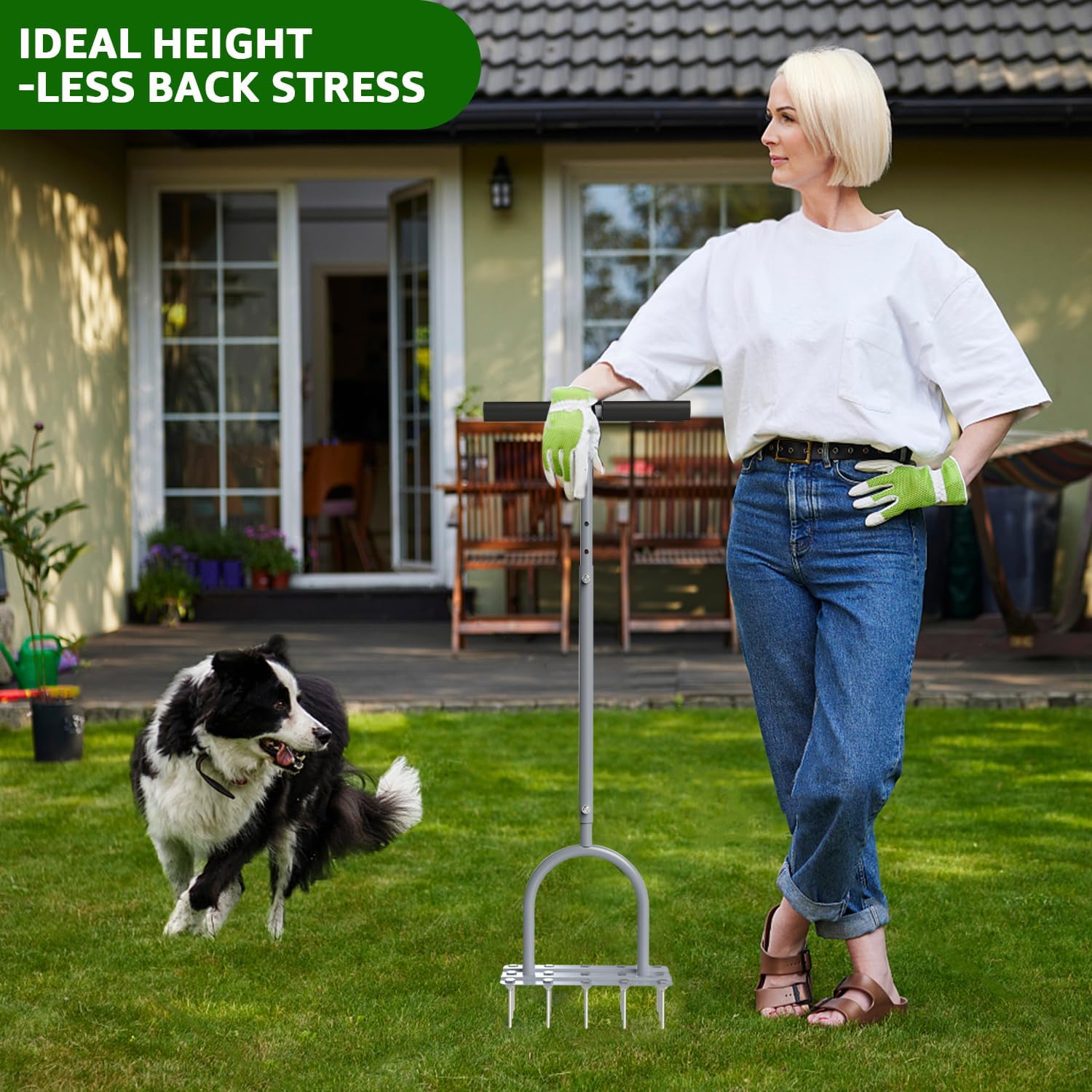 Aerator Lawn Tool Lawn Aerator -Heavy Duty Manual Grass Aerator with 15 Iron Spikes, Height Adjustable, Yard Aerator Tool for Lawn（Light Gray）