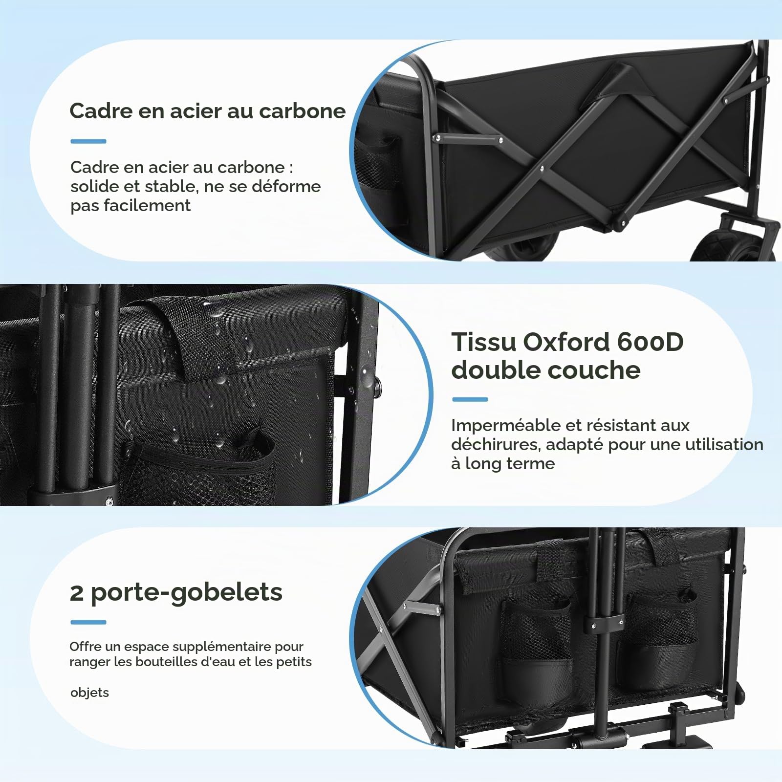 Chariot de Plage Pliable, Charette Pliable avec Porte-Boissons, 100 L, 100 kg, Chariot de Transport, Chariot de Jardin, Chariot à la Plage, pour Les Courses, adapté au Tout-Terrain avec Freins