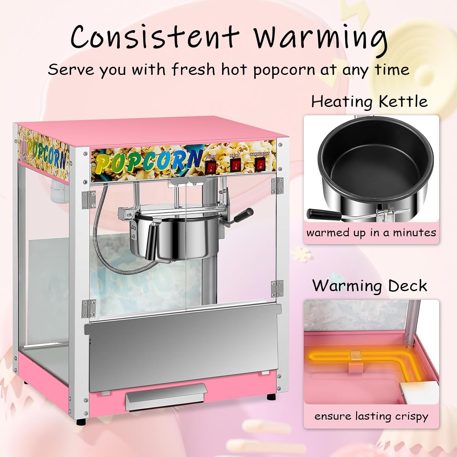 Commercial Popcorn Machine, 8 Oz Kettle, 850W Countertop Popcorn Maker for 48 Cups per Batch, Movie Theater Popcorn Popper with 3-Switch Control, 2 Scoops 1 Cup, Pink