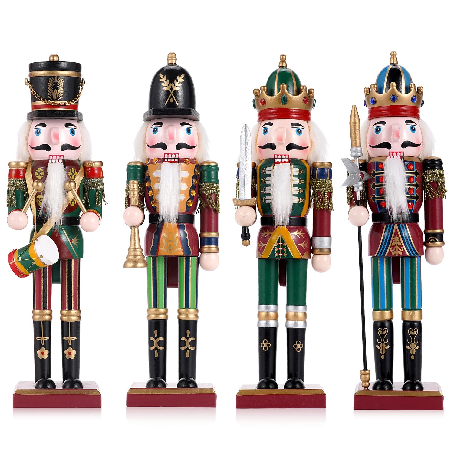 Lot de 4 décorations de Noël en bois soldat casse-noisette, figurines traditionnelles peintes de 30 cm, fête de Noël festive à collectionner pour la maison, la cheminée, le sapin de Noël