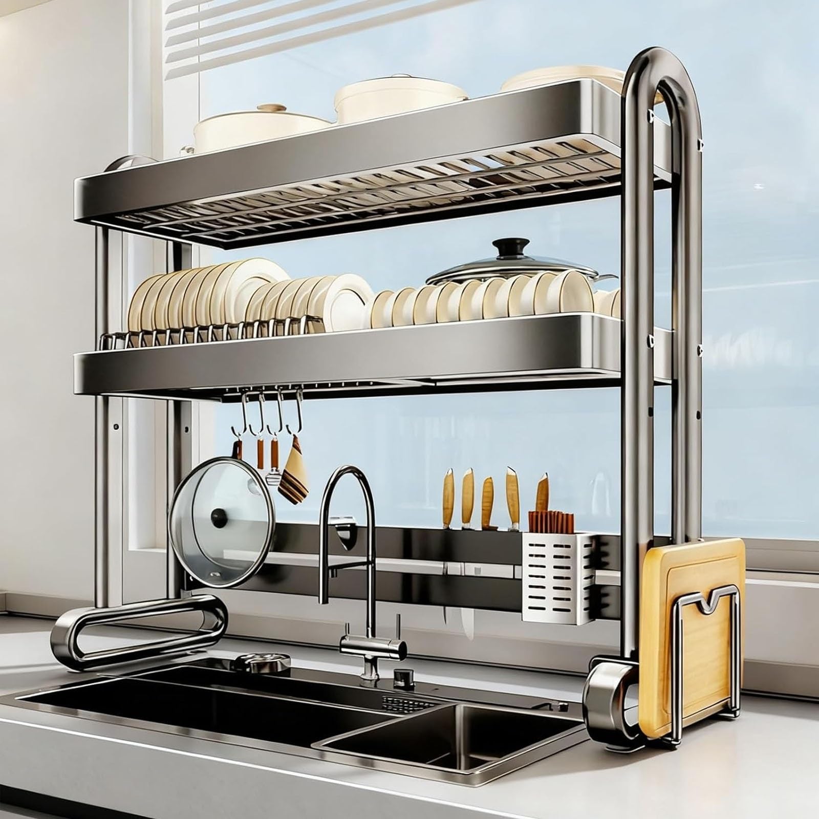 Stainless Steel Over The Sink Dish Drying Rack with Utensil Holder