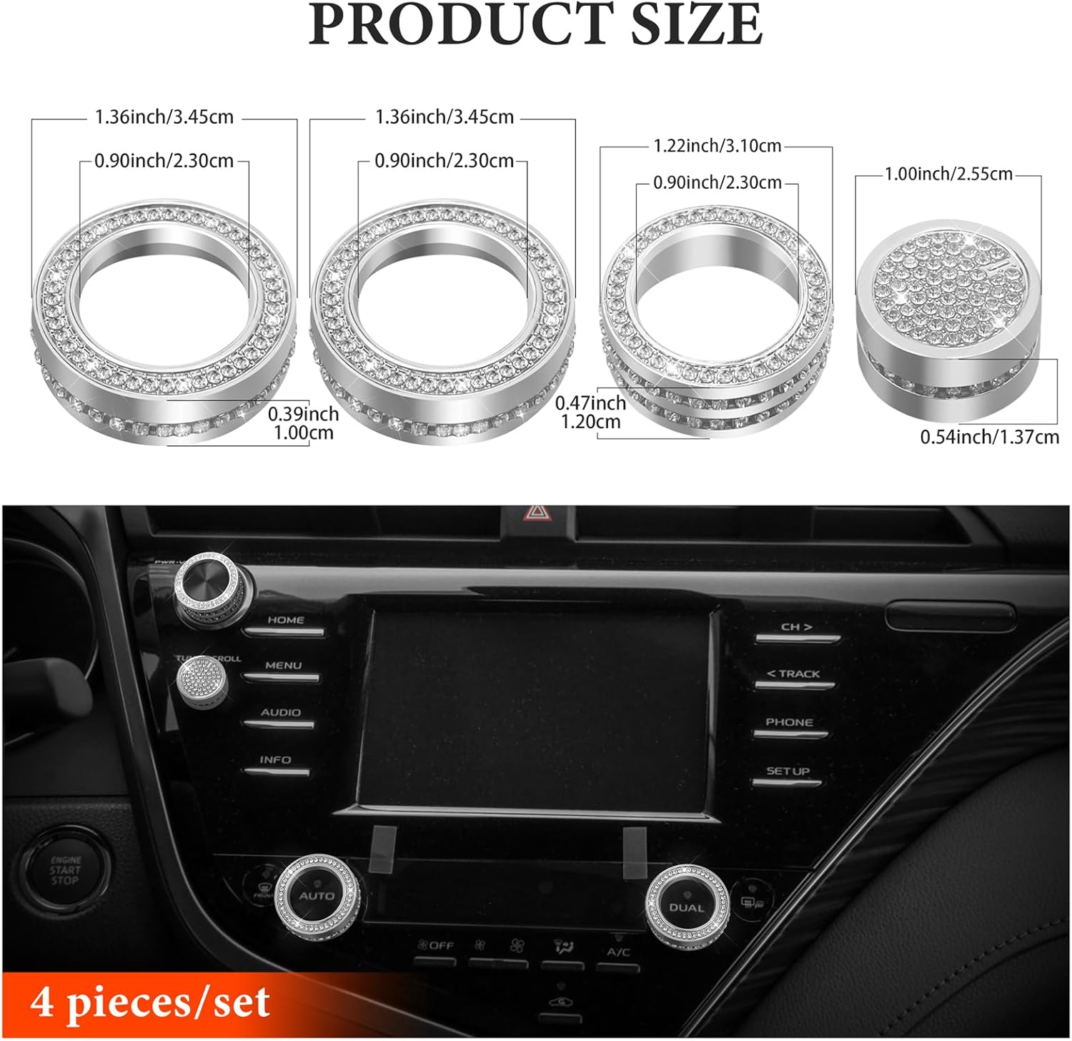 Bling Crystal Shiny Accessory Interior Climate Control Multimedia Screen Knob Button Cover Compatible for Toyota Camry 2018-2023 (Silver 3)