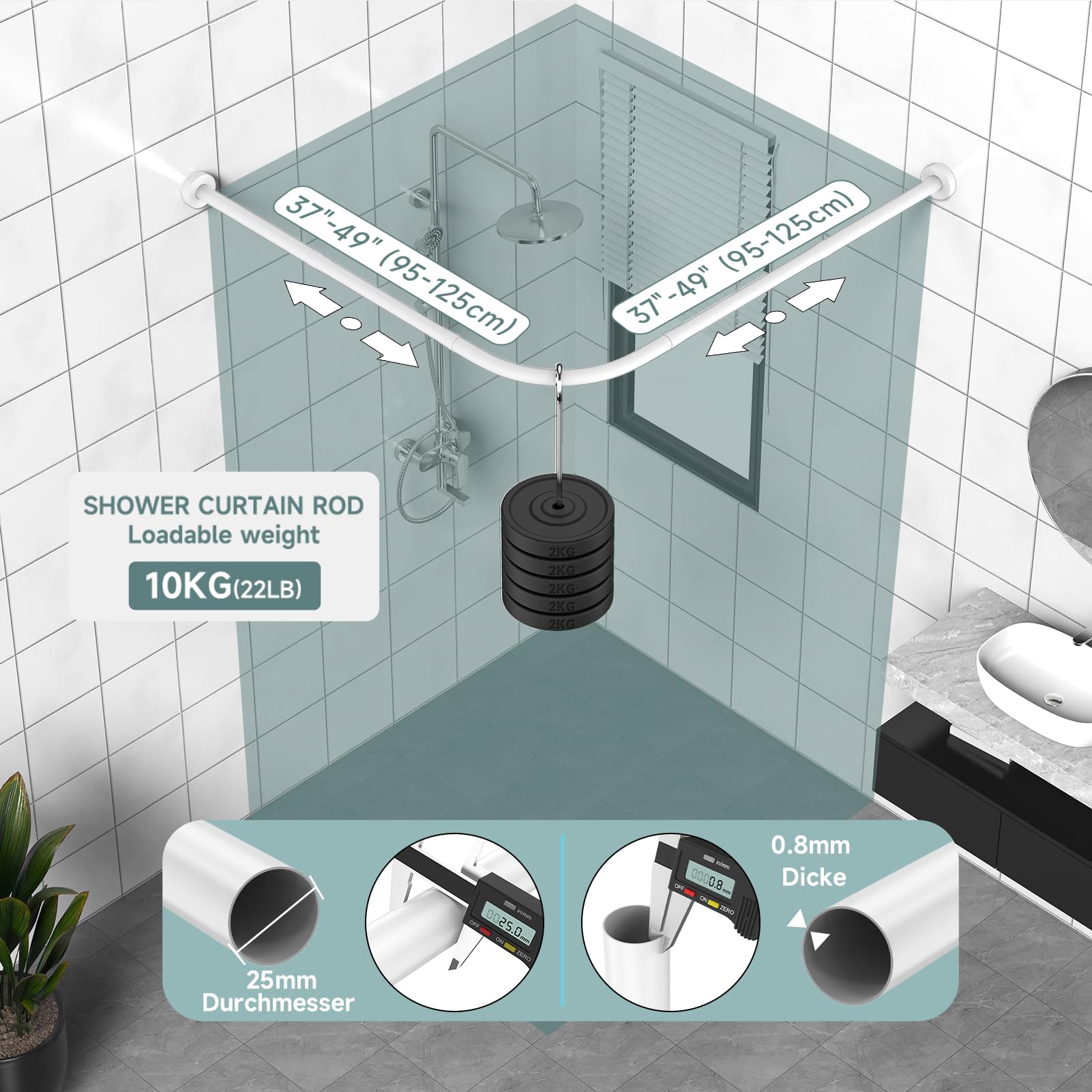 Tringles à Rideau de Douche Sans Perçage en Forme de L en 304 Acier Inoxydable, 95-125 x 95-125 cm, Avec 18 Anneaux, Sans Support de Plafond, Tringle Douche Angle Pour Baignoire et Douche - Blanc