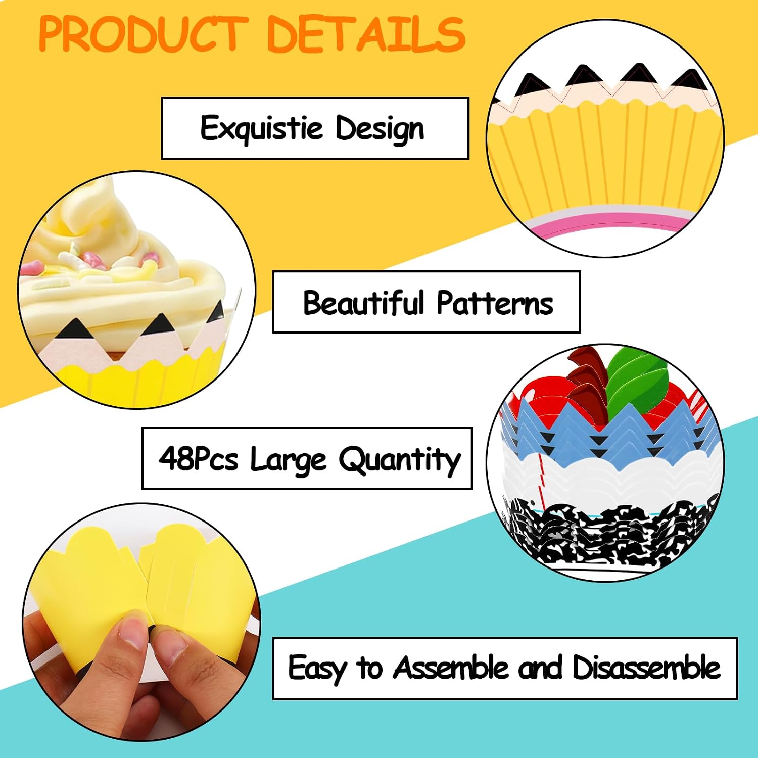 FYSUIMU 48Pcs Back to School Cupcake Wrappers Cupcake Liners Pencil Notebook Composition Crayon Decorative Dessert Holders for Home Classroom Party Supplies, 6 Designs image 3