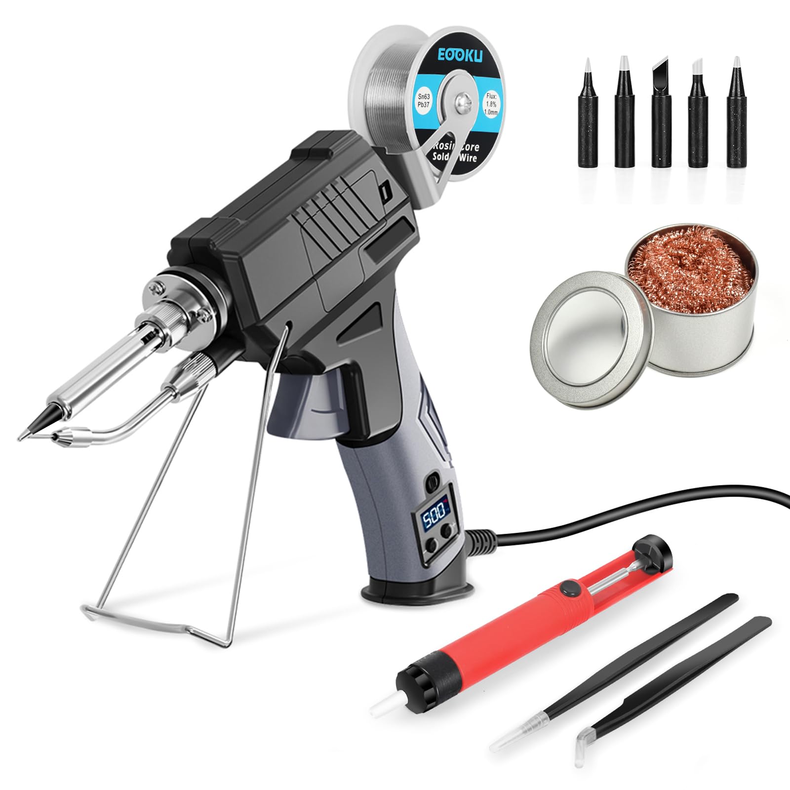 eooku soldering iron gun kit,60w auto feed soldering kit with adjustable temperature lcd display,wire,tip cleaner,5 tips,pump,tweezers for electronic pcb repair,diy