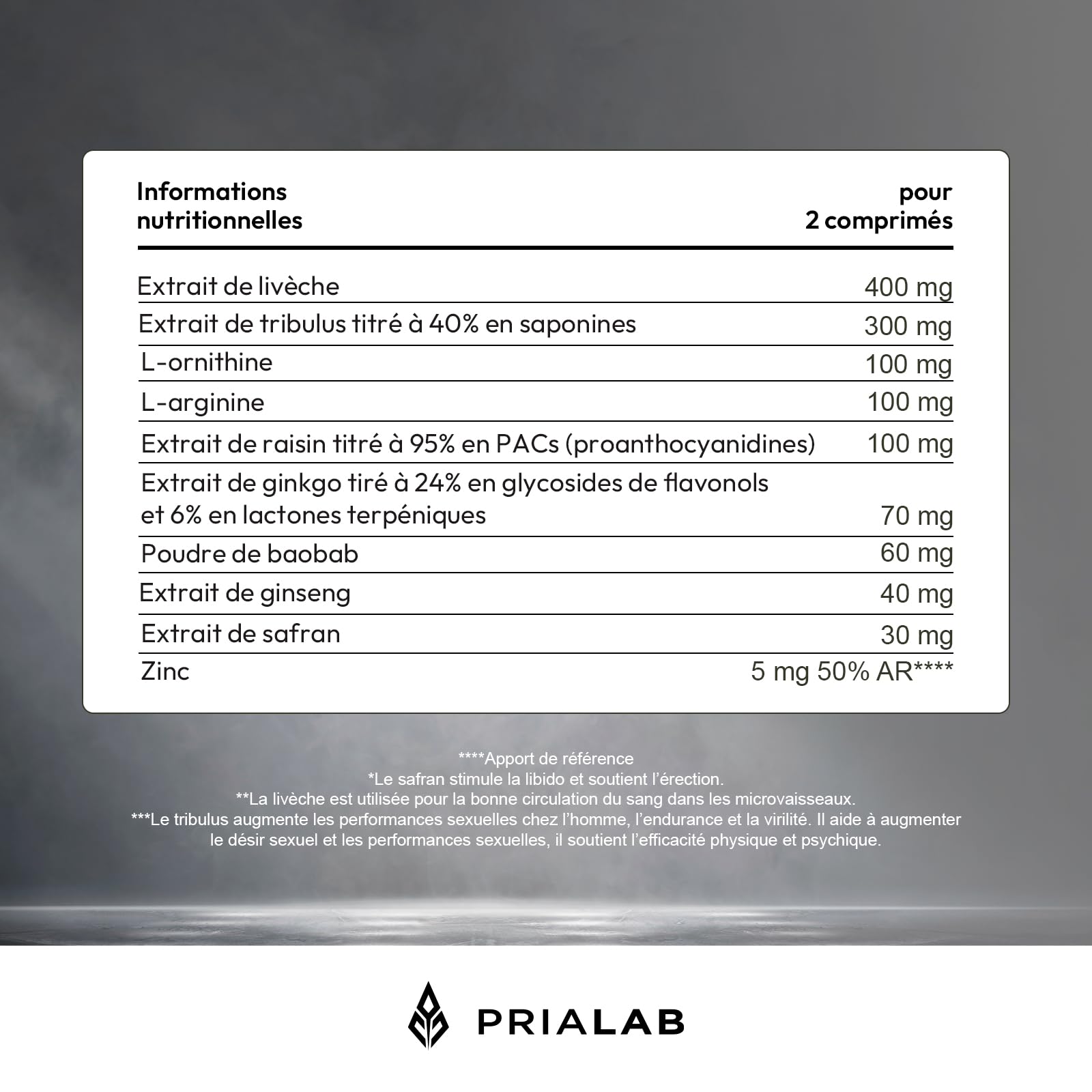 Iron Erect | Formule Virilité Homme | Tribulus, Safran, Ginseng, L-Arginine et Ginkgo | Energie | Aphrodisiaque Puissant | Circulation Sanguine | 60 Comprimés Vegan & Made in France | Prialab