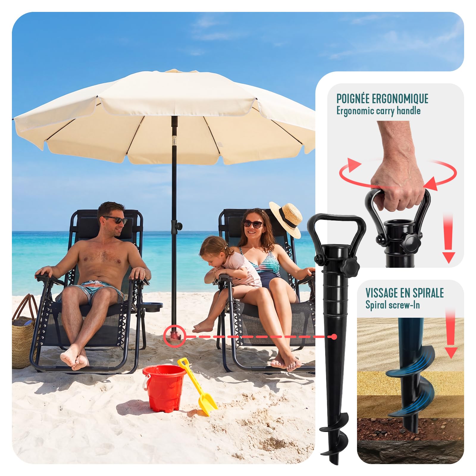 VOUNOT® Sombrilla Playa Grande Ø200cm y Soporte Arena Mástil Inclinable Altura Regulable Protección UV 50+ Parasol con Techo Ventilación Bolsa Transporte para Playa Terraza Balcón Camping Exterior — view 6