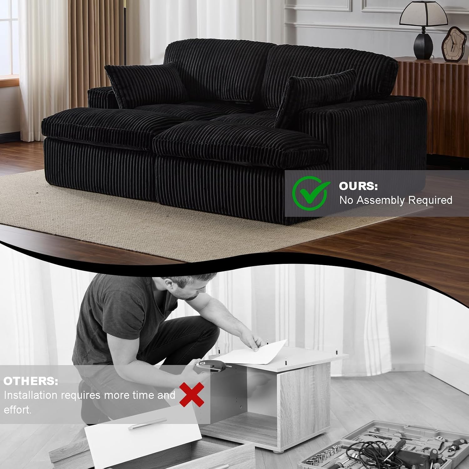 82"W Double Cozy Chaise Lounge Chair, Oversized Boneless Corduroy Upholstered Sleeper Sofa with Back Pillows and Wide Armrests, for Living Room, Bedroom, or Apartment, No Assembly Required, Black