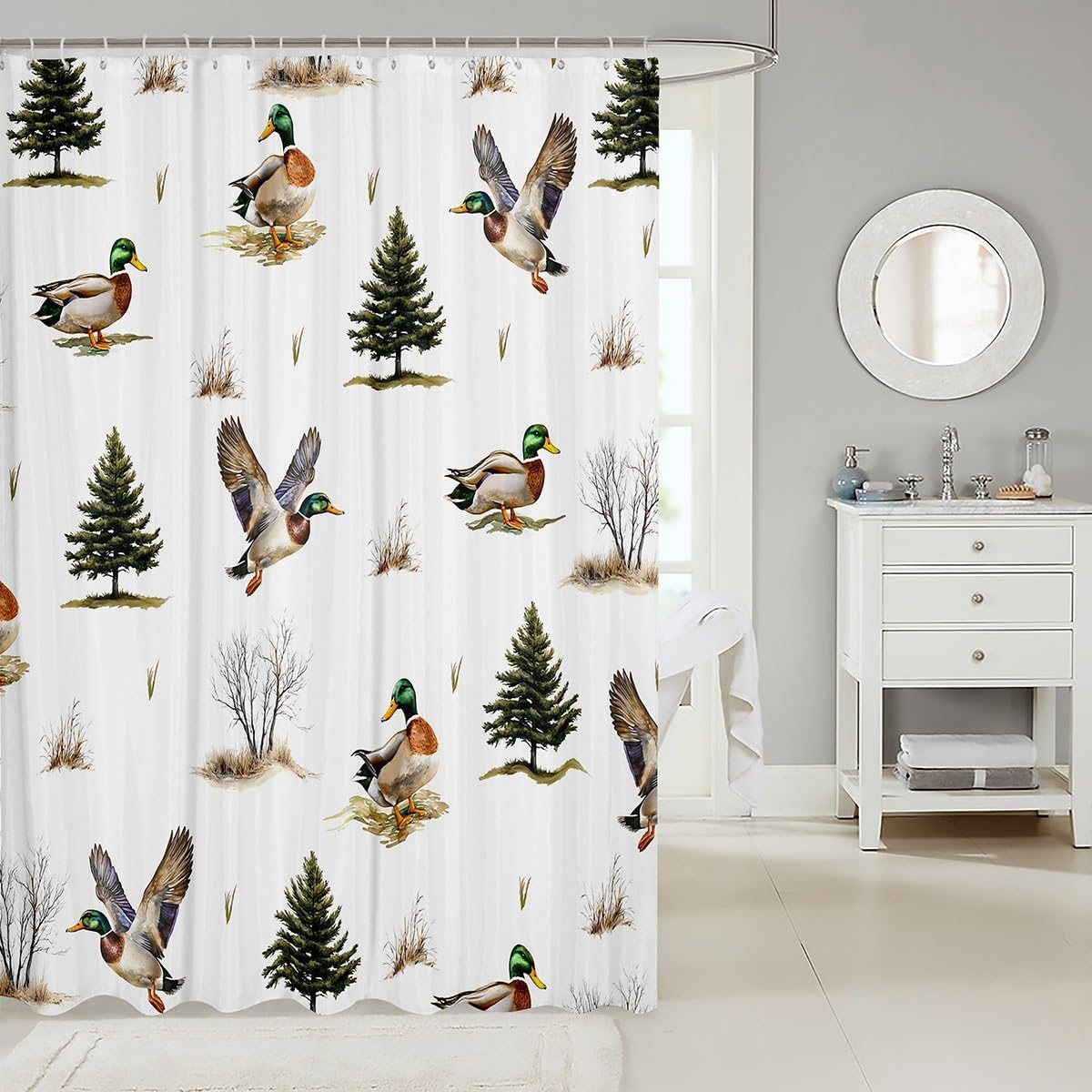 Erosebridal Mallard Duck Hunting Shower Curtain,Woodland Tree Branches Bathroom Shower Curtain Sets,Flying Duck Wildlife Safari Animal Bath Curtain,Rustic Farmhouse Kids' Shower Accessories,72"Wx78"L