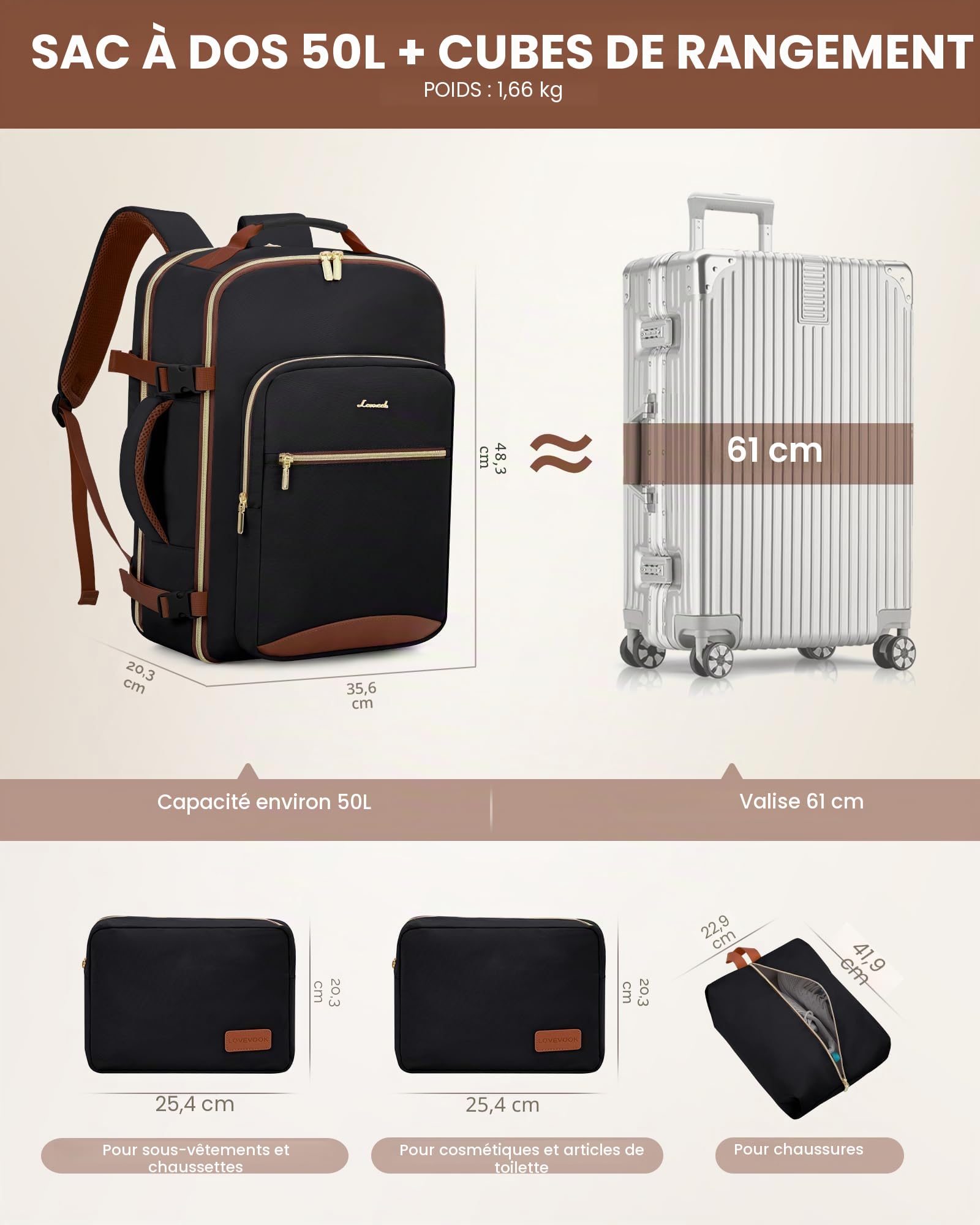 LOVEVOOK Sac à Dos Voyage Femme 40L Sac a Dos Cabine Avion Bagages Backpack | Travel Ryanair, Imperméable Sac Ordinateur Portable 17'' Sac a Dos Valise de Randonnée Affaires Travail Gris Foncé/brun