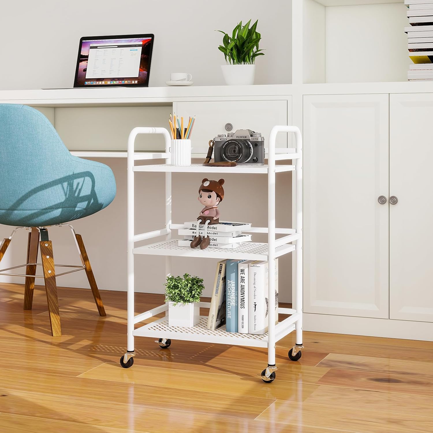 HDANI 3 Tier Rolling Cart,Heavy Duty Multifunctional Metal Frame-Supports 22 Lbs Per Tier,Rolling Cart with 2 Lockable Wheels for Office,Home,Bedroom,Kitchen,Bathroom (White)…