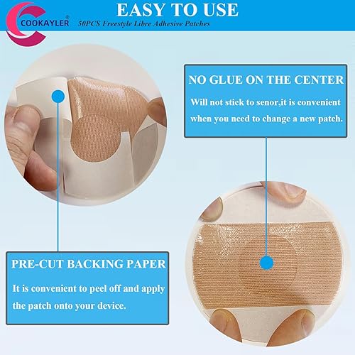 Miniatura 6 de Paquete de 50 cubiertas impermeables para sensores para Freestyle Libre 23, parches adhesivos CGM sin pegamento en el centro, cinta precortada para