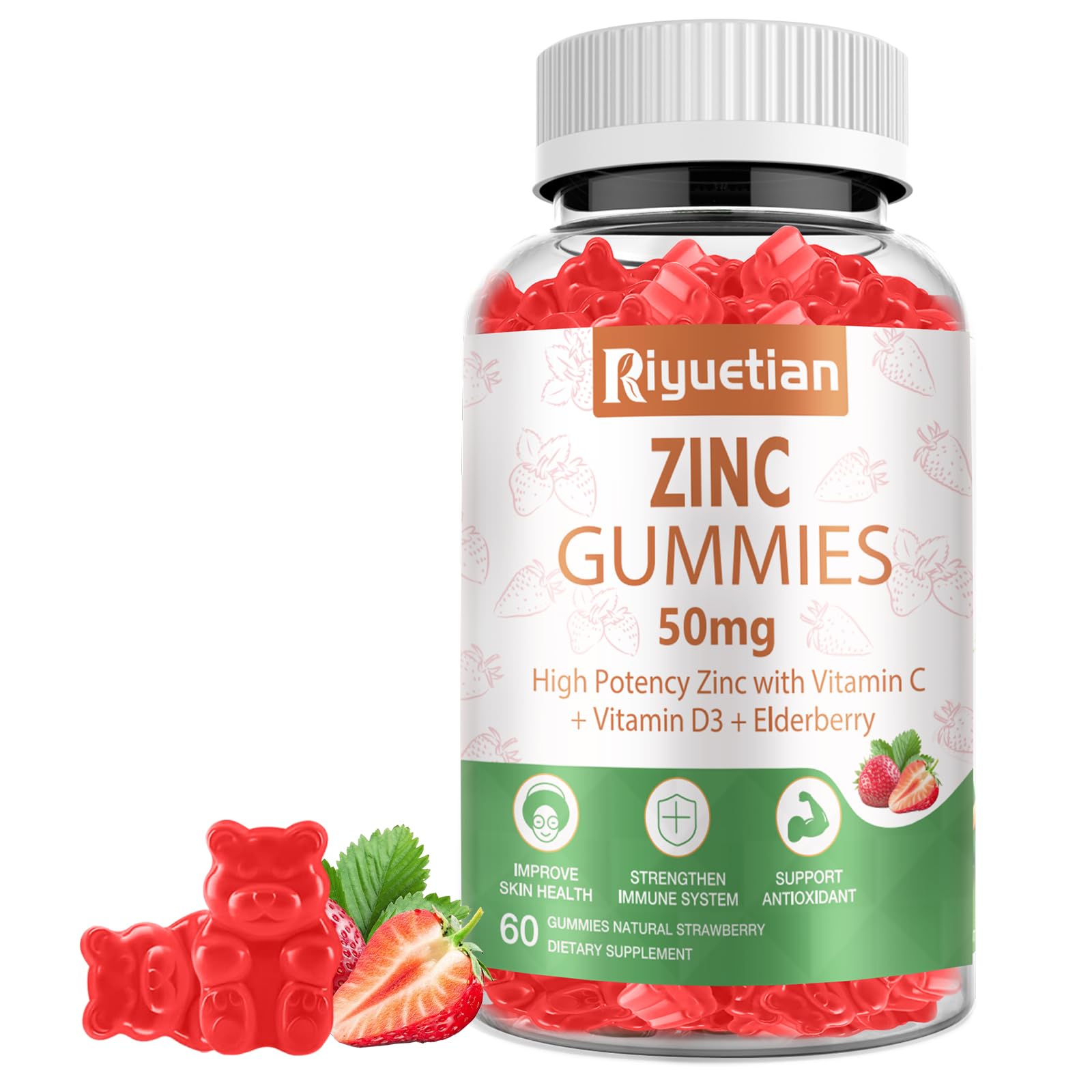 Zinc Gummies - 50mg High Potency Zinc with Vitamin C + Vitamin D3 + Elderberry - Immune Health Support - Vegan, Non-GMO and Gluten Free - 60 Gummies 1pack