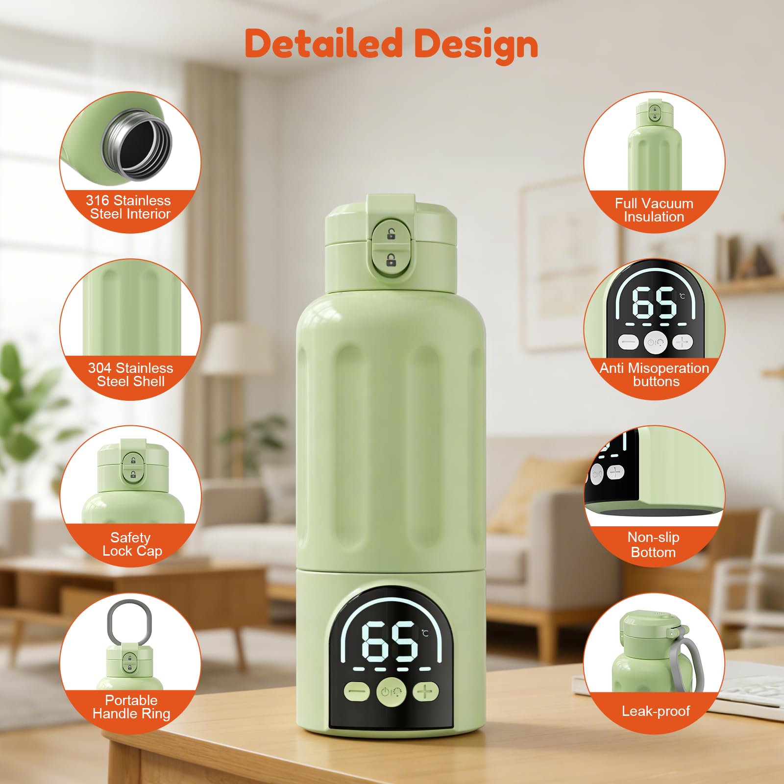 Scaldabiberon, Riscaldamento Rapido e Lunga Durata della Batteria 12000mAh, Controllo della Temperatura, 500ml Scaldabiberon per Tutto il Giorno per Latte Materno, Formula o Acqua (Verde)
