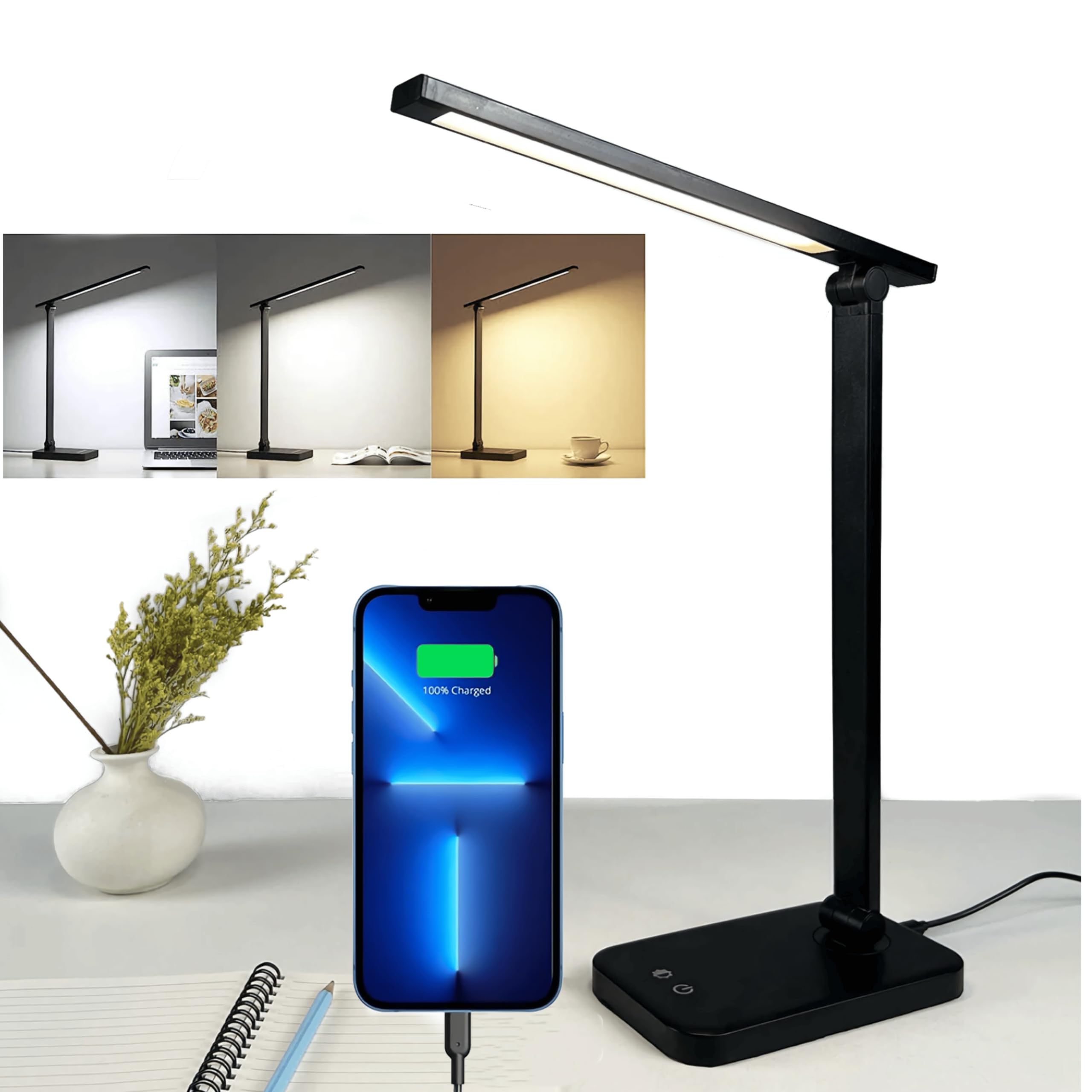 TOVARIN Lampara Escritorio- Flexo led de 3 Modos Brillo Regulable- Flexo Plegable Control- Lampara Mesita Noche Lectura para Estudio Oficina Luz Nocturna (NEGRO)