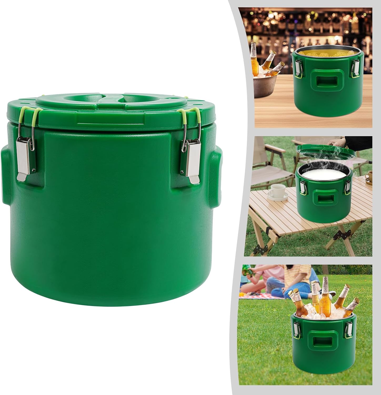 PIAOYUE- 3-Layer Insulated Cooler Bucket 15L - 4-6H Heat/6-8H Cold Retention, Portable Leak-Proof Thermal Container for Soups, Beverages & Outdoor Events (Green)