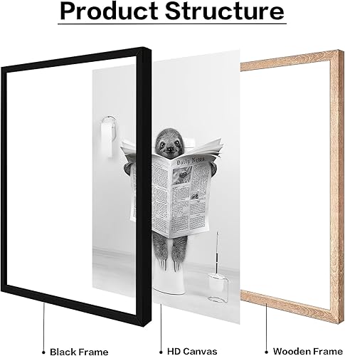Vista 3 de Impresiones artísticas para pared de baño, divertidas impresiones artísticas sobre lienzo de perezoso enmarcado, cuadros en blanco y negro