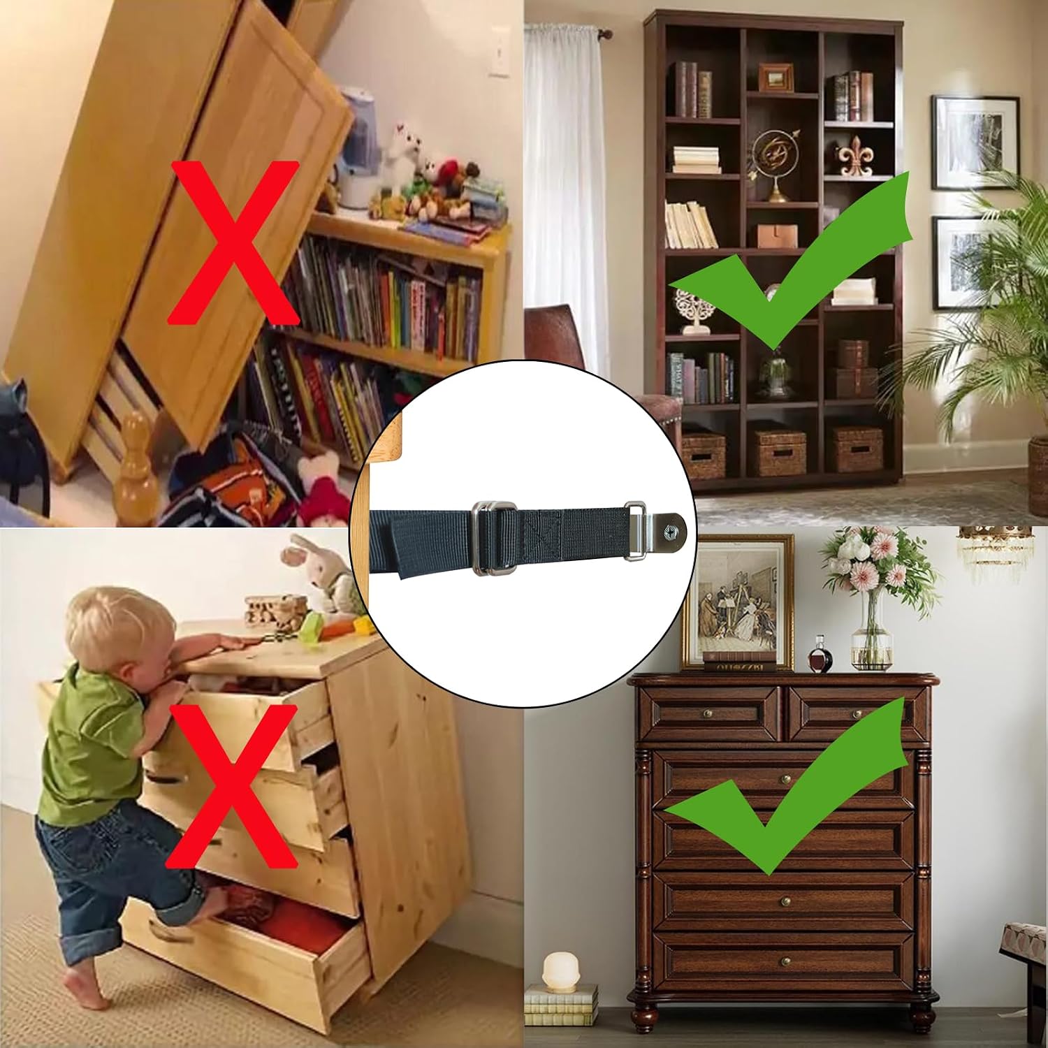 Earthquake Straps (2 Sets) Furniture tie Down Straps, Furniture Anchors, Anti-tip Furniture tie Downs, Cabinet wall Anchors, Adjustable Shock Straps.