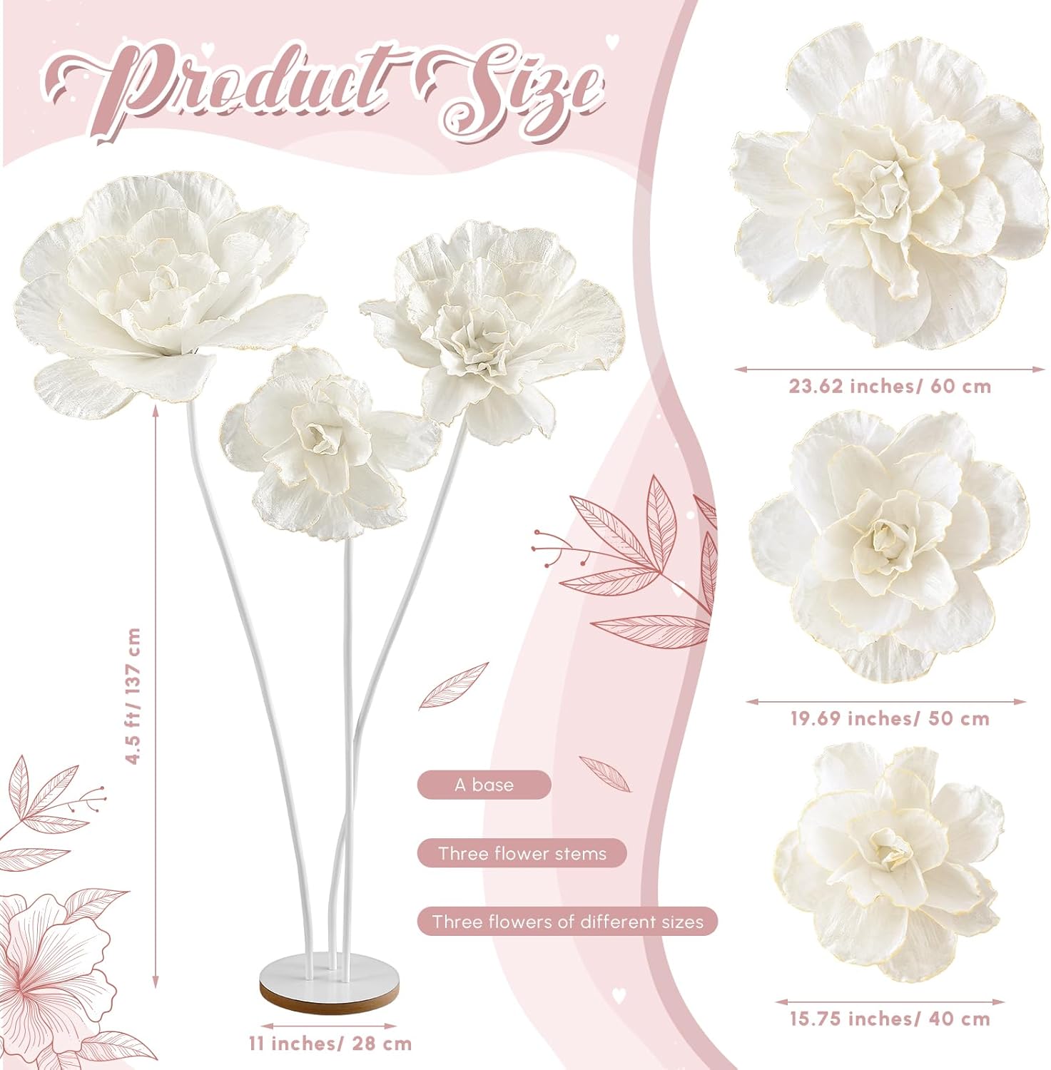 1 Set 4.5 ft Valentine's Day Giant Flower Huge Artificial Flannel Flower Decoration with Standing Base for Reception Artificial Banquet Outdoor Wedding Ceremony Church Backdrop (White) - Image 2