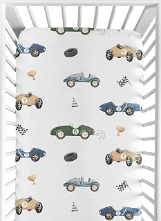 Sweet Jojo Designs Fitted Baby Crib Sheets (Vintage Race Car) for Boys, Infant Nursery, Toddler Room - Standard Size (Blue, Green and Yellow Colorful, Fast Racecars, Cartoon Cars, Motorsport, Tires)