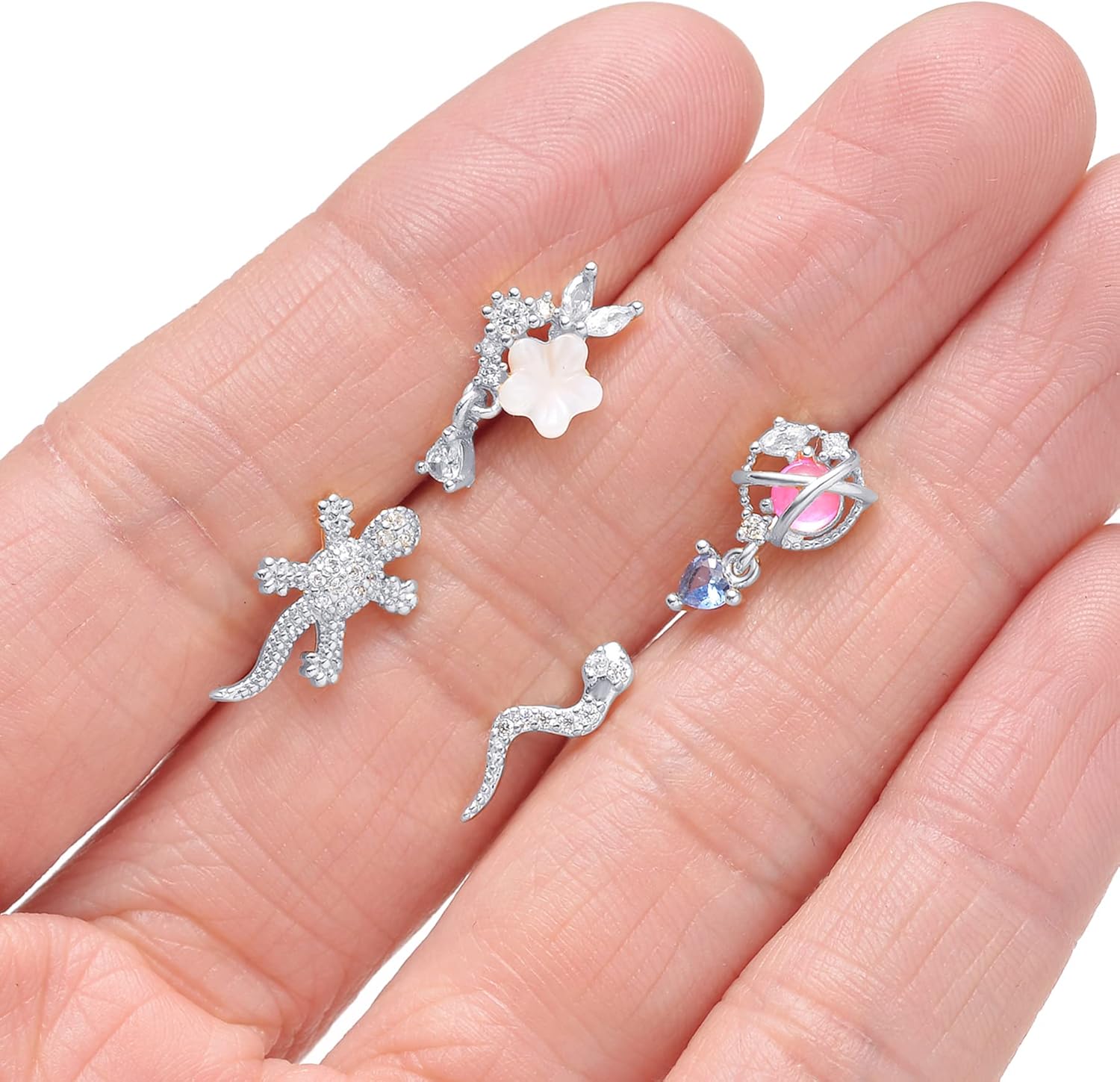 Tornito 12Pcs Nose Ring Nose Stud L Shaped Snake Butterfly CZ Flower Moon Dangle Nose Rings Stud for Women Men Silver Gold Tone 20G - Image 6