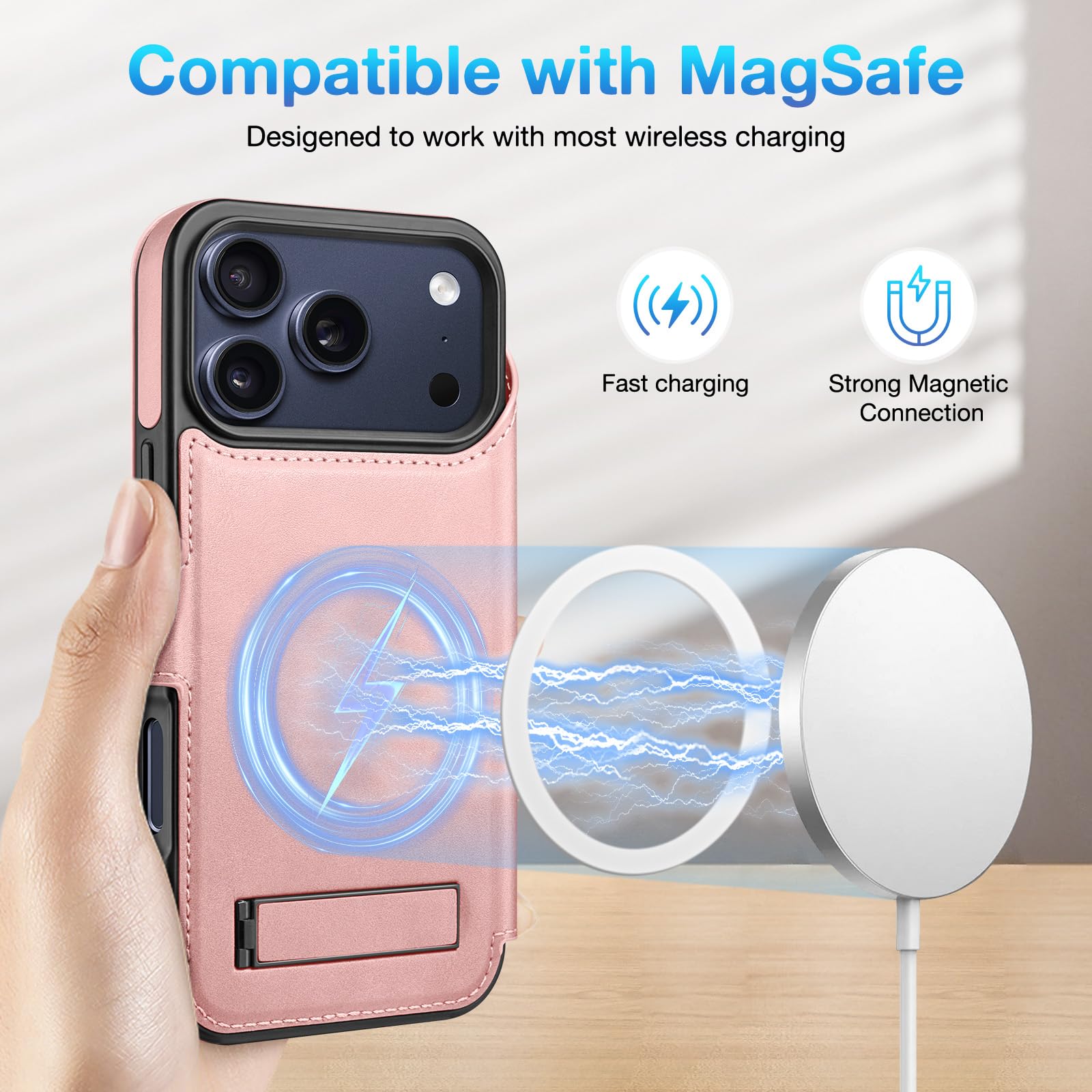 Custodia a portafoglio per iPhone 17 Pro Max 6,9 pollici [cavalletto invisibile integrato] [ricarica wireless] [3 slot per schede e blocco RFID] [pelle PU] custodia protettiva donna uomo per