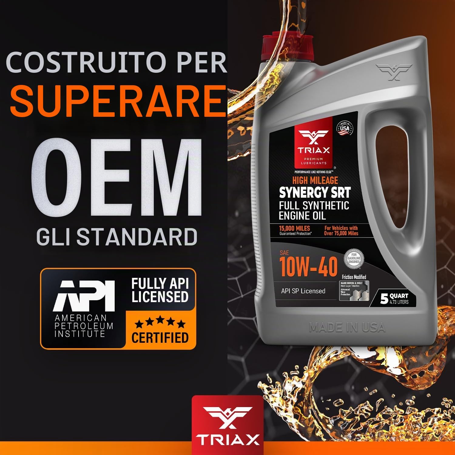TRIAX Synergy SRT 10W-40 Olio Motore Sintetico Alto Chilometraggio - Per Auto e SUV Benzina - API SN - ILSAC GF-6A - ACEA A3/B4-4,73 L (5 Quarti)