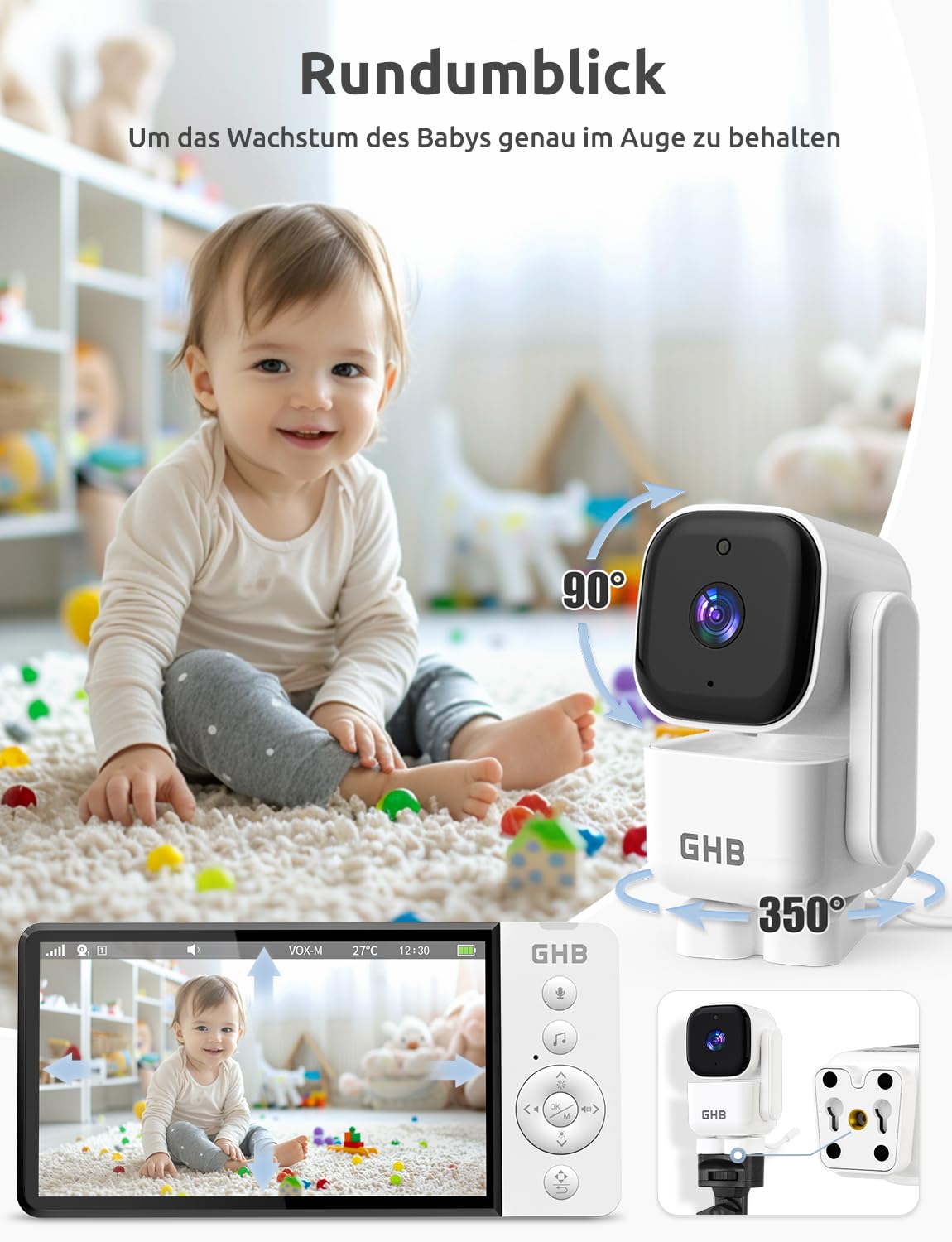 GHB Babyphone mit Kamera 5 Zoll 720P HD Display mit bis zu 168h Akkulaufzeit im VOX Bewegungserkennung Split-Screen-Anzeige Nachtsicht 4X Zoom Schwenkbar