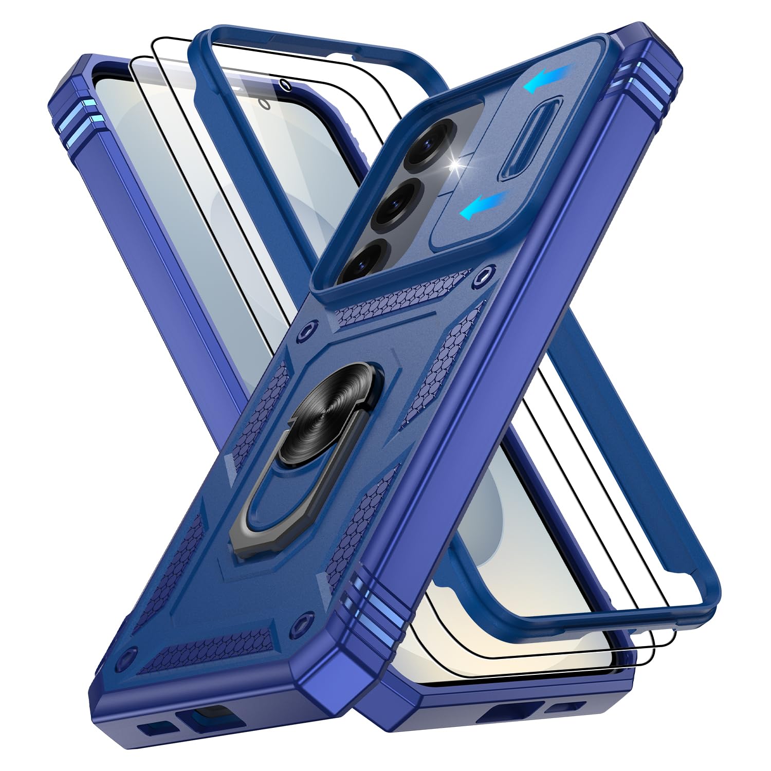 Gritup Fit for Samsung Galaxy S25 Plus Phone Case with Slide Camera Cover | 2 Pack Screen Protector, Build in 360° Rotating Ring Kickstand, Military